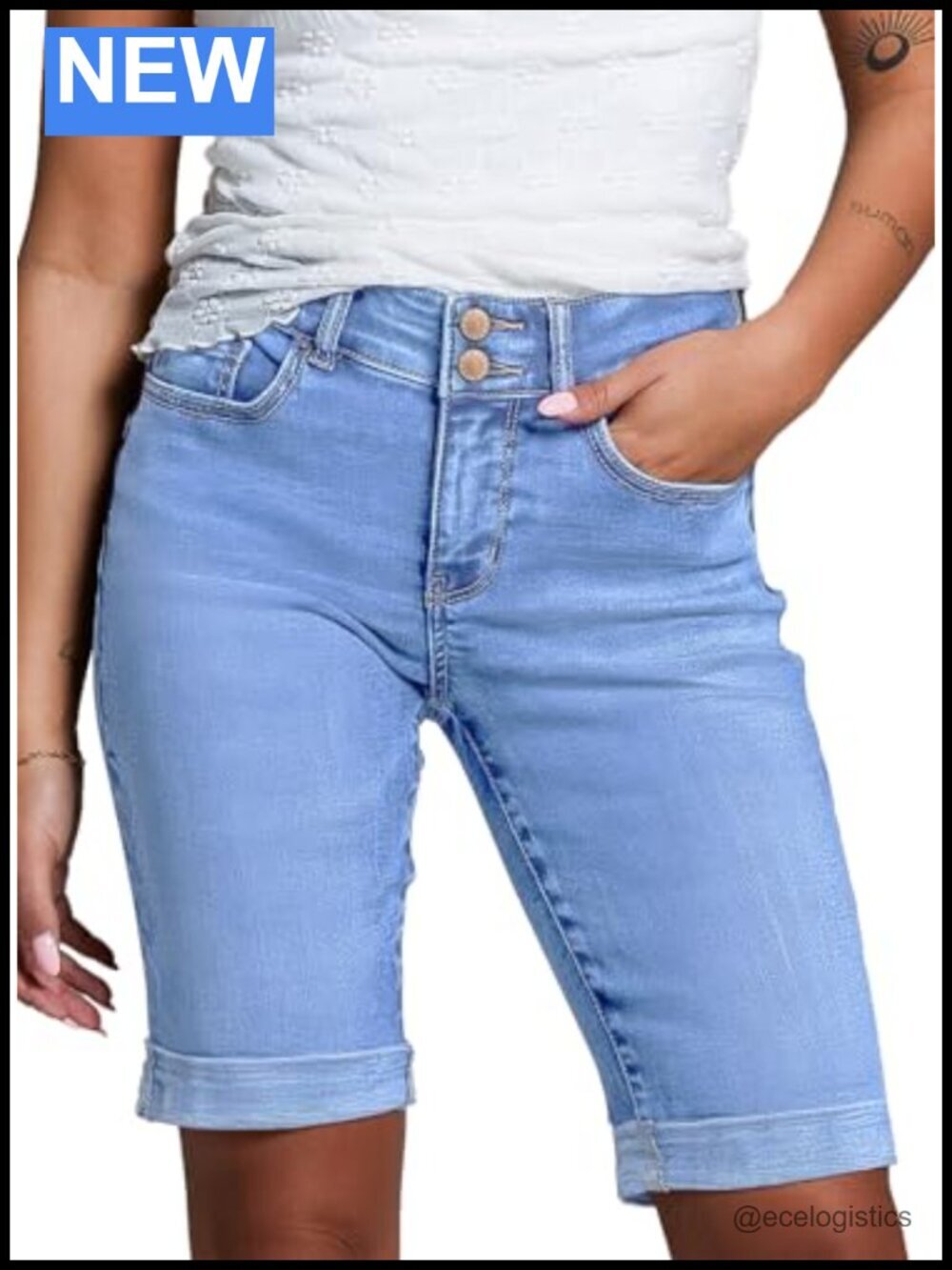Women's High Waisted Bermuda Jean Shorts with Rolled Hem